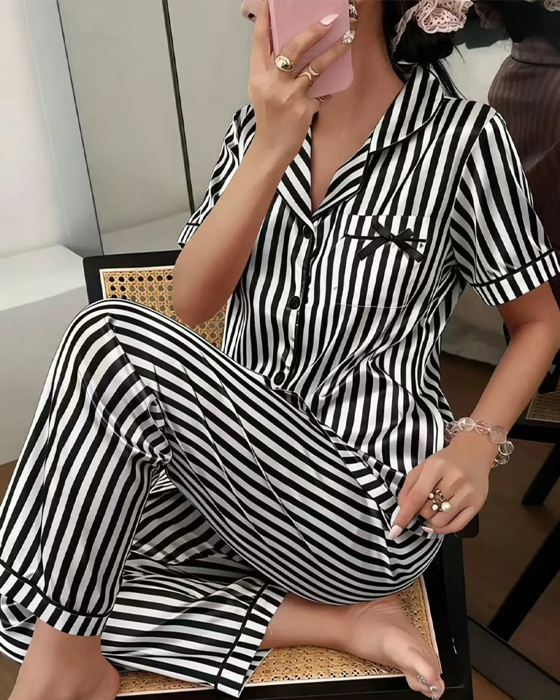 Striped Shirt Collar Bow Pajama Set