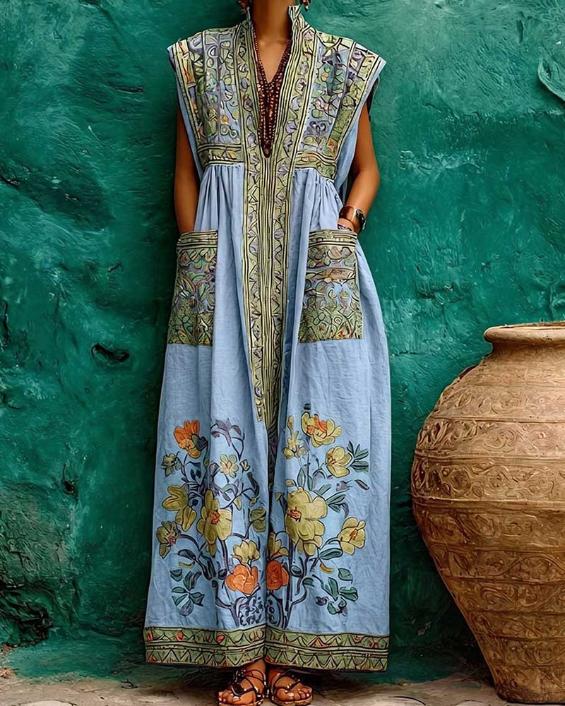 Retro Print Pocket Sleeveless Long Dress