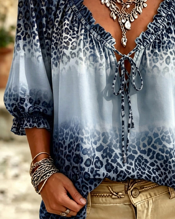 V-Neck Leopard Print Lace-Up Blouse