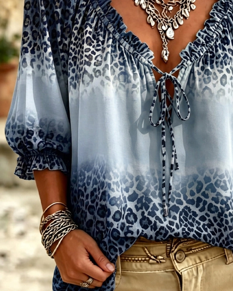 V-Neck Leopard Print Lace-Up Blouse