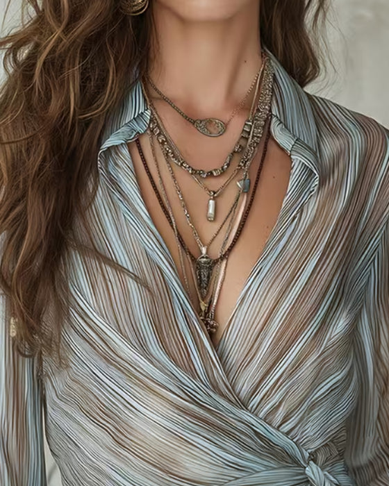 Lapel Stripe Twist Knot Blouse