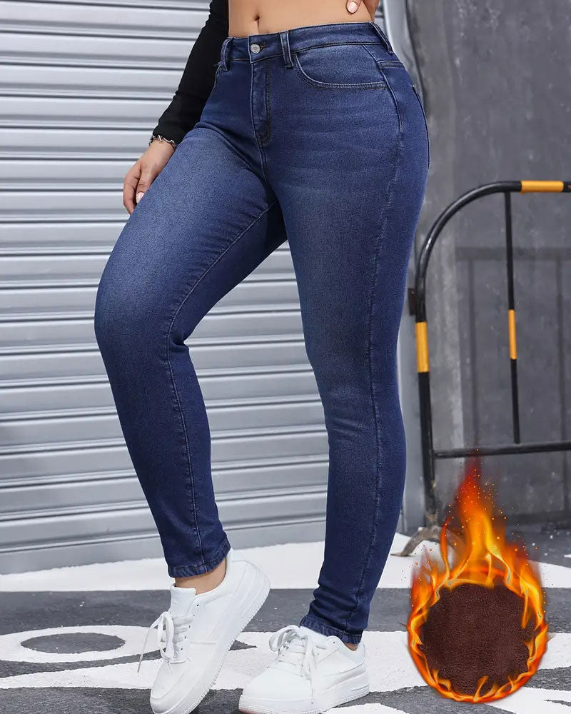 Women's Fleece Lined Solid Pocket Jeans