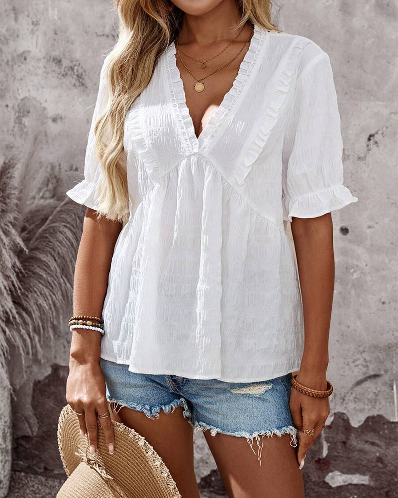 V-Neck Ruffle Solid Babydoll Blouse