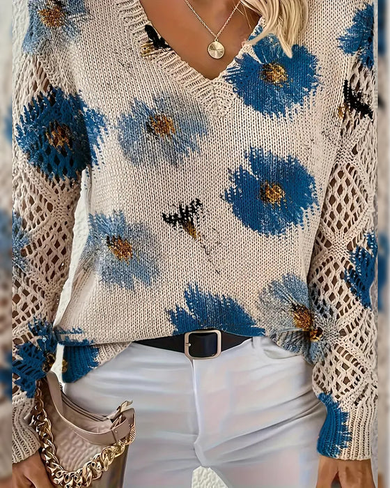 Long-Sleeved V-Neck Jacquard Pullover