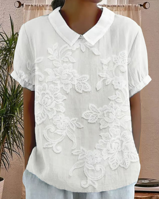 Solid Color Blouse With Lapel Print