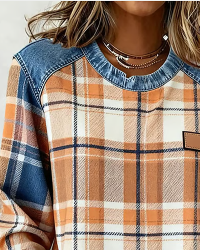 Denim Patchwork Plaid Sweatshirt