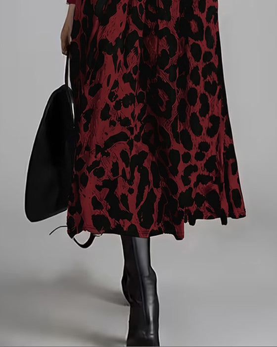 Crew Neck Leopard Full Skirt Dress