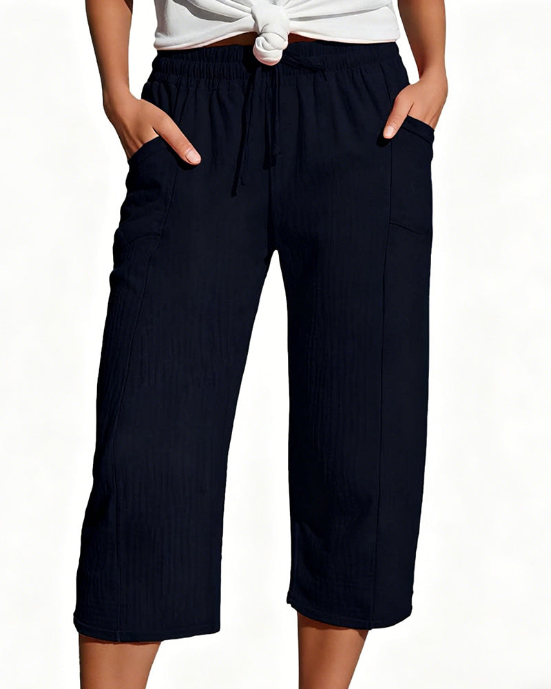Solid Color Drawstring Wide-Leg Cropped Pants