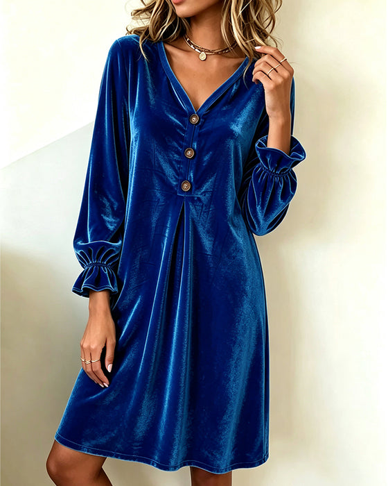 V-Neck Button Ruffle Pleated Dress