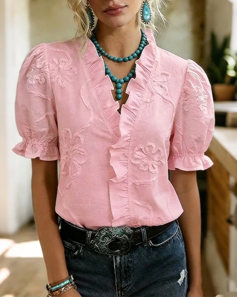 V-Neck Ruffle Trim Puff Sleeve Blouse