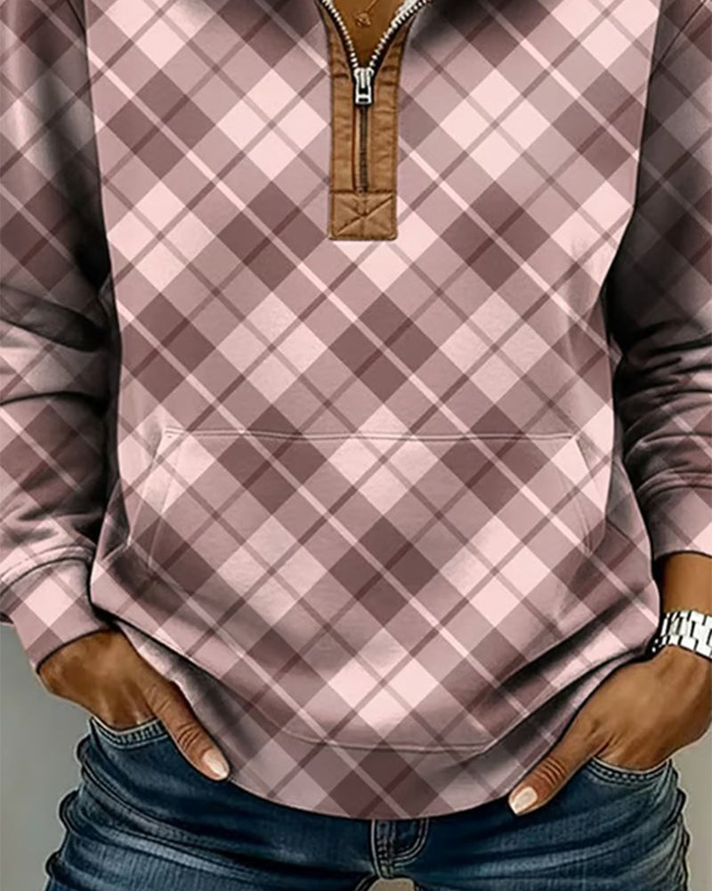 Half-Zip Collar Plaid Pocket Sweatshirt