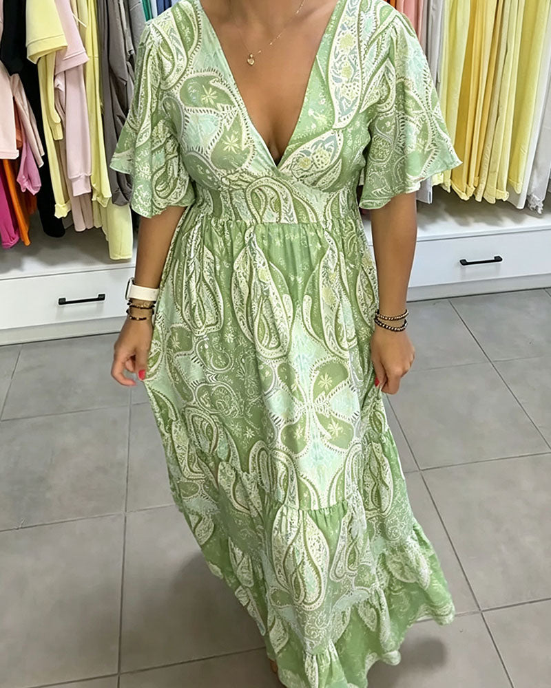 V-Neck Ruffle Print Dress