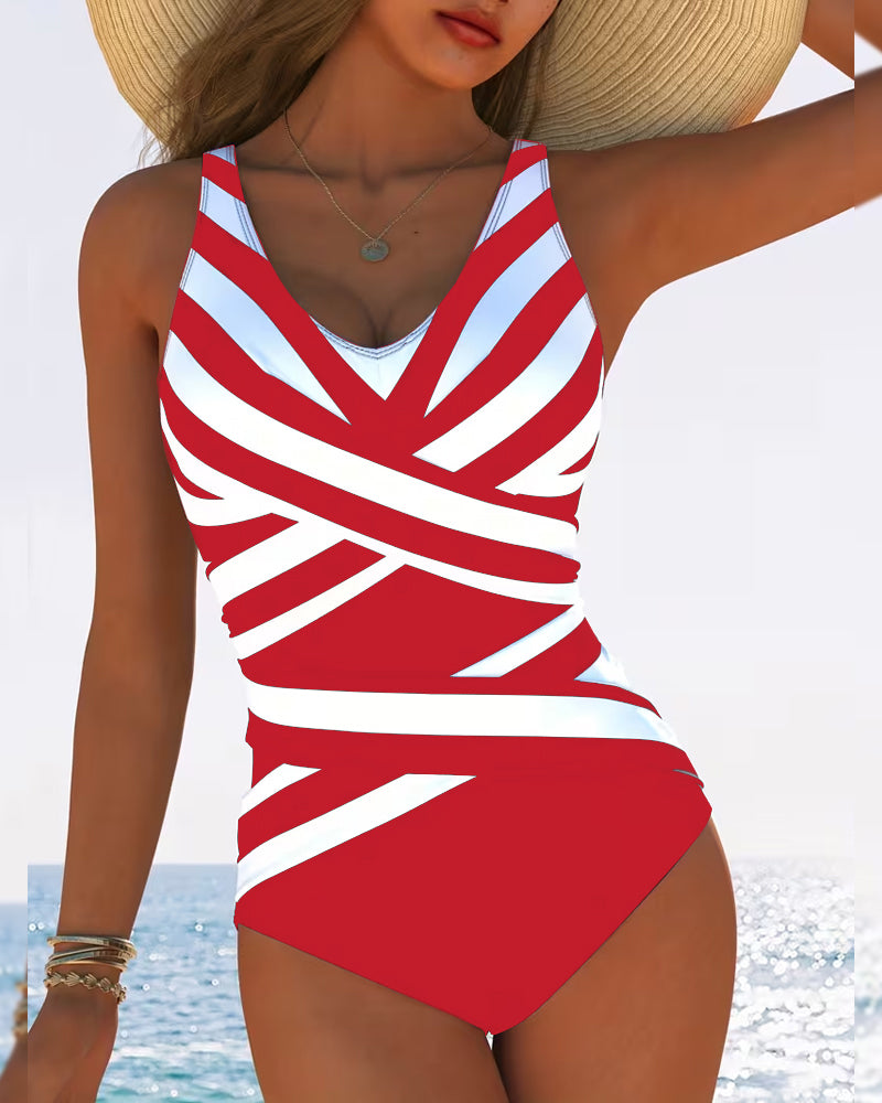 Casual Striped V-Neck One-Piece Swimsuit