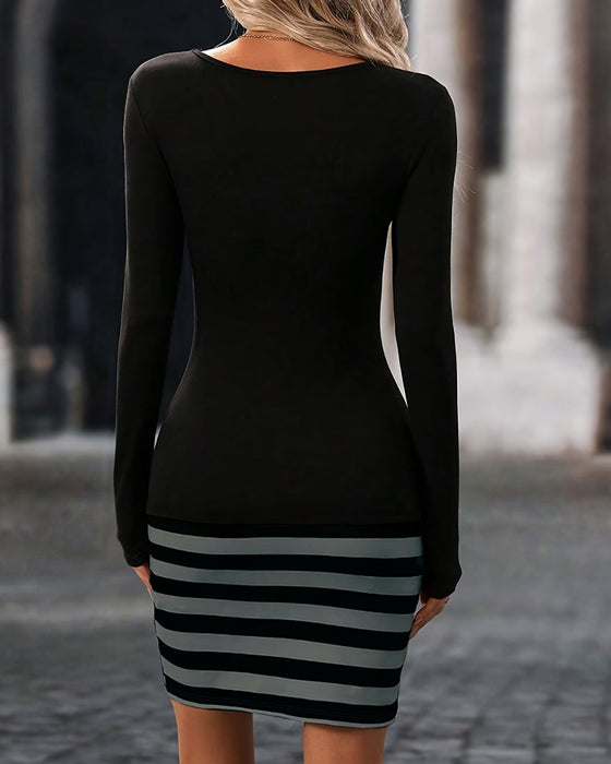 Long Sleeve Patchwork Stripe Bodycon Dress
