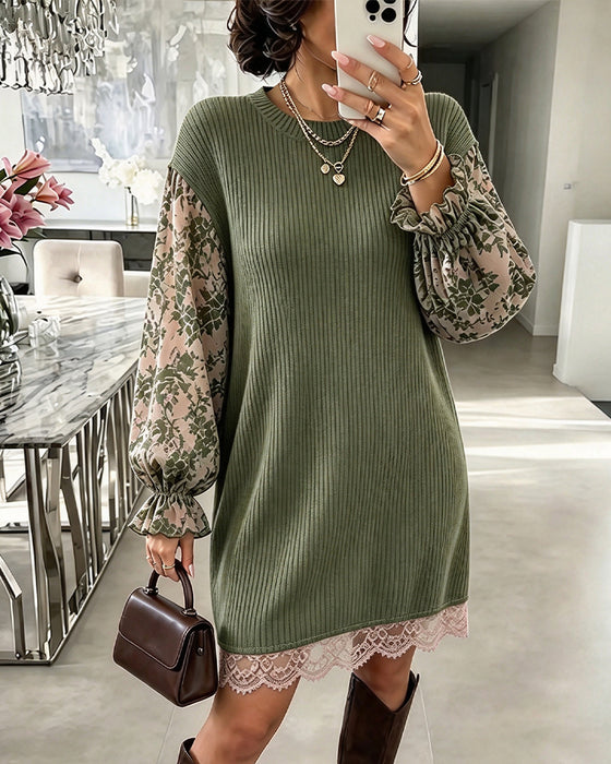 Crew Neck Ribbed Lace Patchwork Ruffle Dress