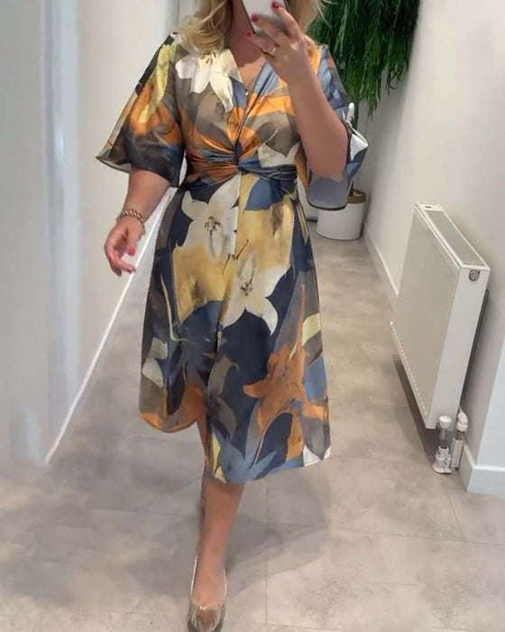 Floral print twist v neck elegant dress
