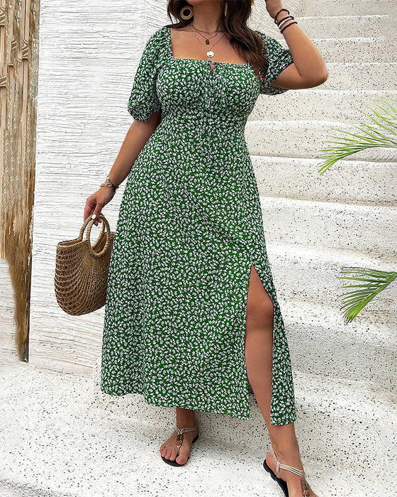 Short Sleeve Split Floral Print Dress