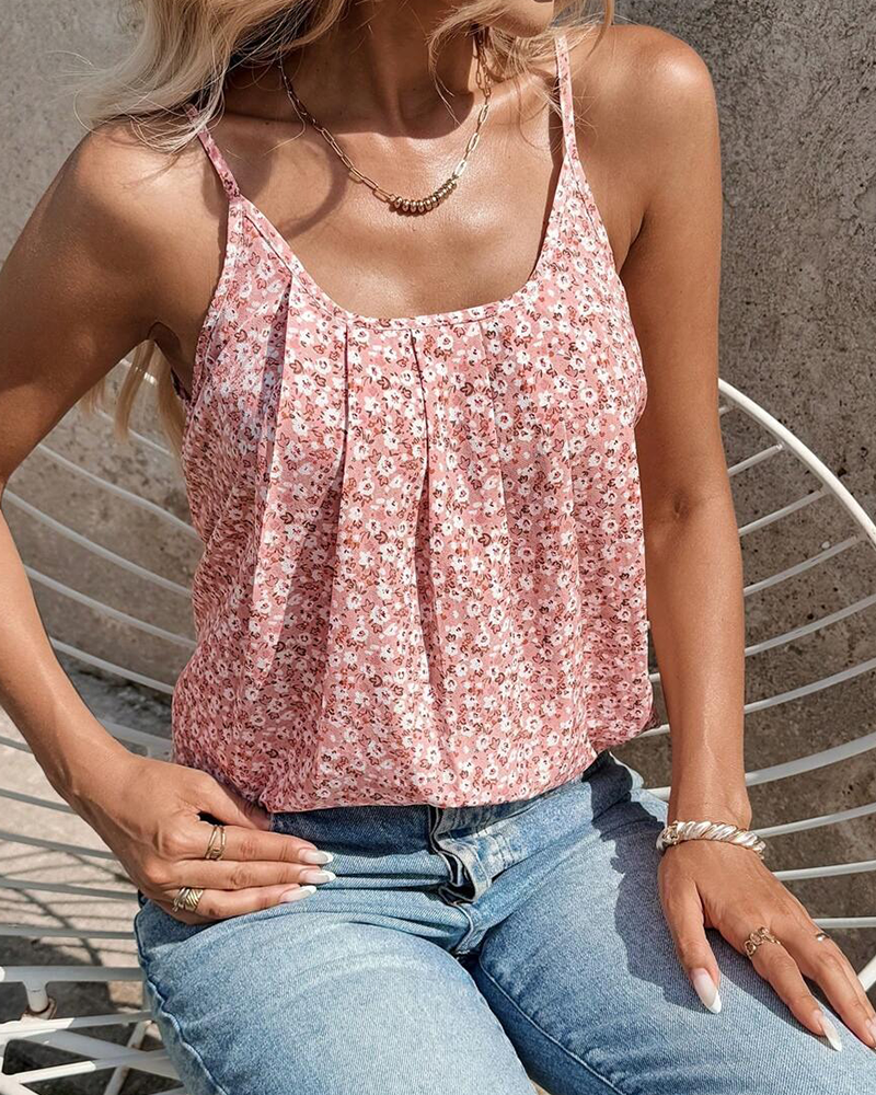 Tiny Floral Print Shirred Spaghetti Strap Cami Top
