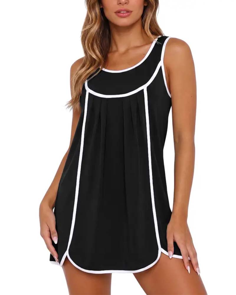 White-Trimmed Color-Blocked Sleeveless Dress