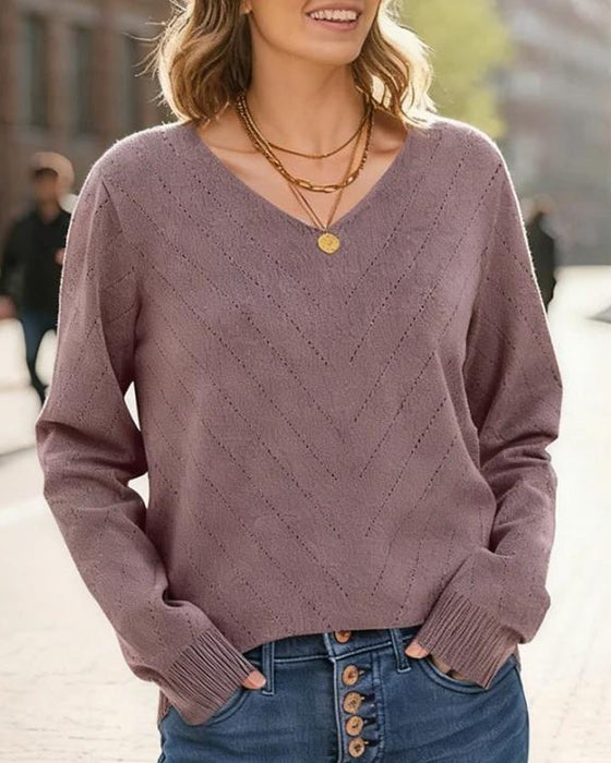 🔥Hot Sale Deals-V-Neck Pointelle Knit Pullover Sweat