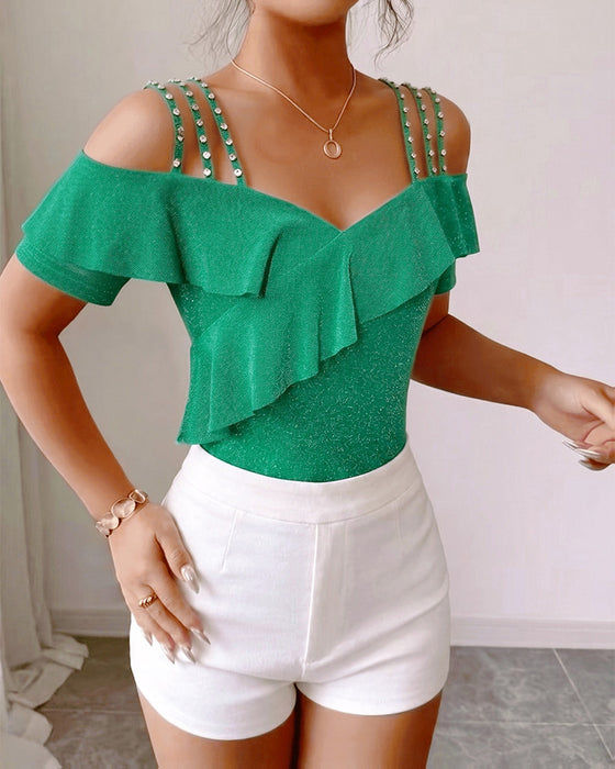 Diamond Strap Ruffled Off-Shoulder V-Neck T-Shirt