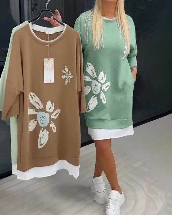 Crew Neck Printed Patchwork Sweatshirt Dress