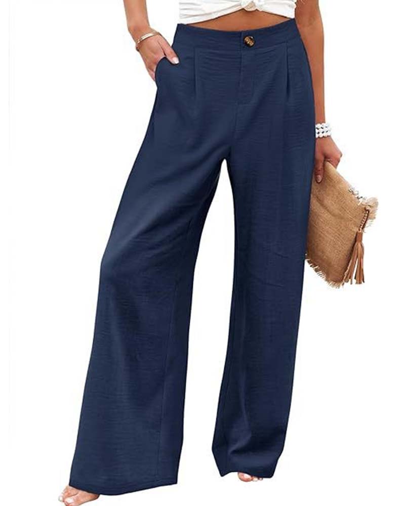 Button Elastic Waist Wide-Leg Pants