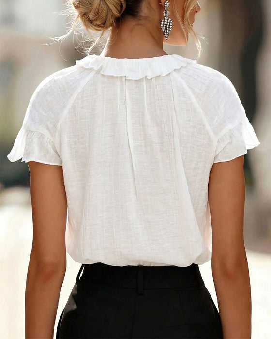 Tie-Up Ruffled Short-Sleeve Blouse