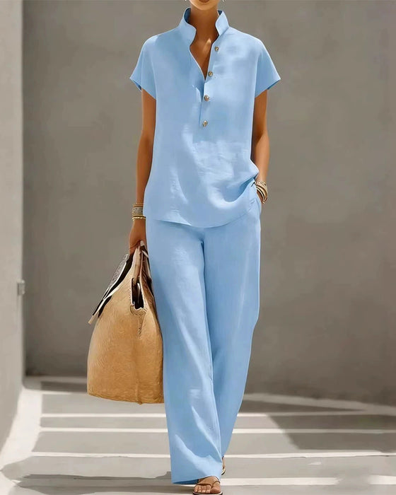 Stand-Collar Button Short-Sleeve And Long Pants Set