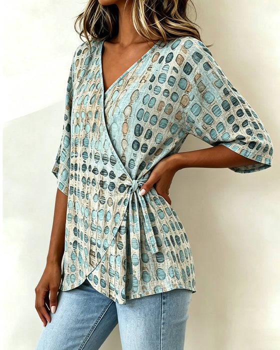 Casual Polka Dot Lace-Up Blouse