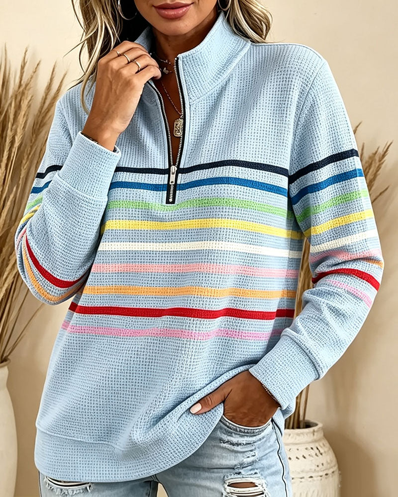 Stand Collar Zip Striped Sweatshirt