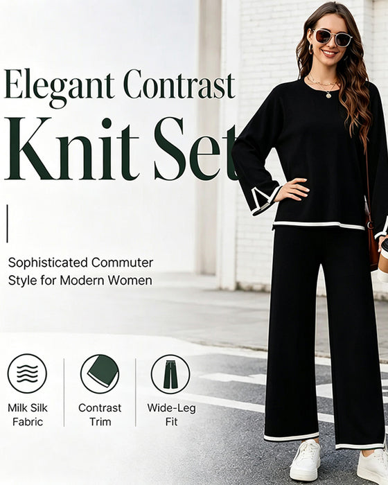 Contrast Color Round Neck Long Sleeve Set
