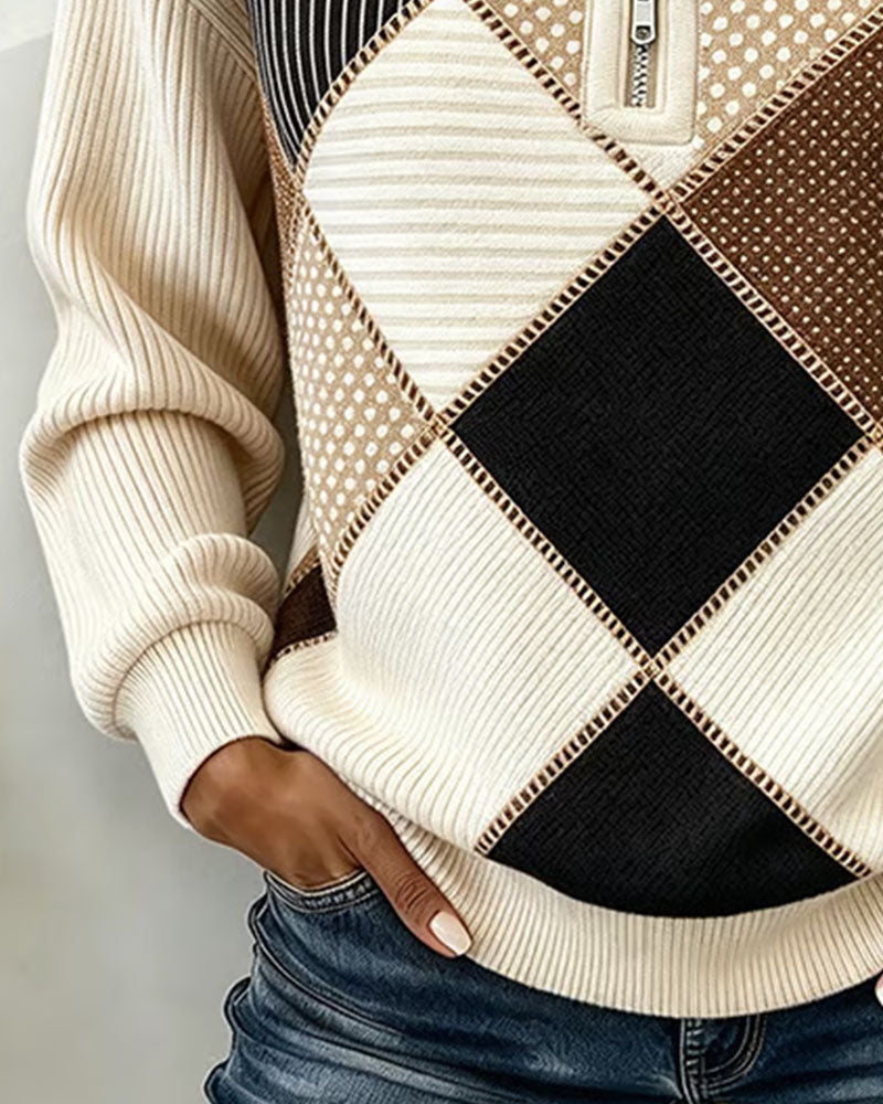 Collar Zip-Up Striped Diamond-Pattern Sweatshirt