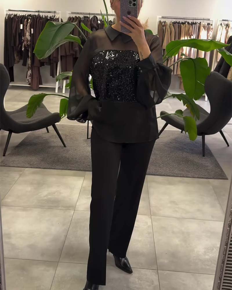 Solid Color Puff Sleeve Collar Blouse