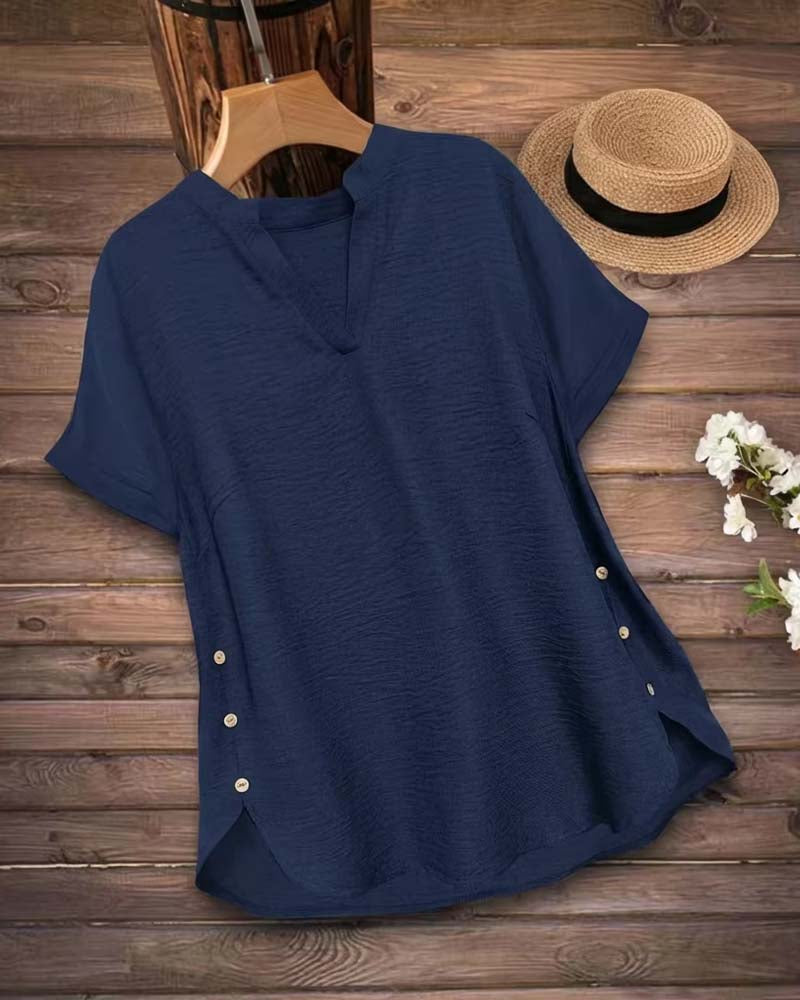 Solid Color Side-Slit Short-Sleeved Blouse