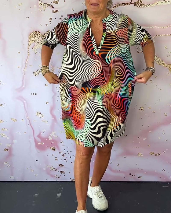 Colorful printed V-neck half-sleeve pocket dress