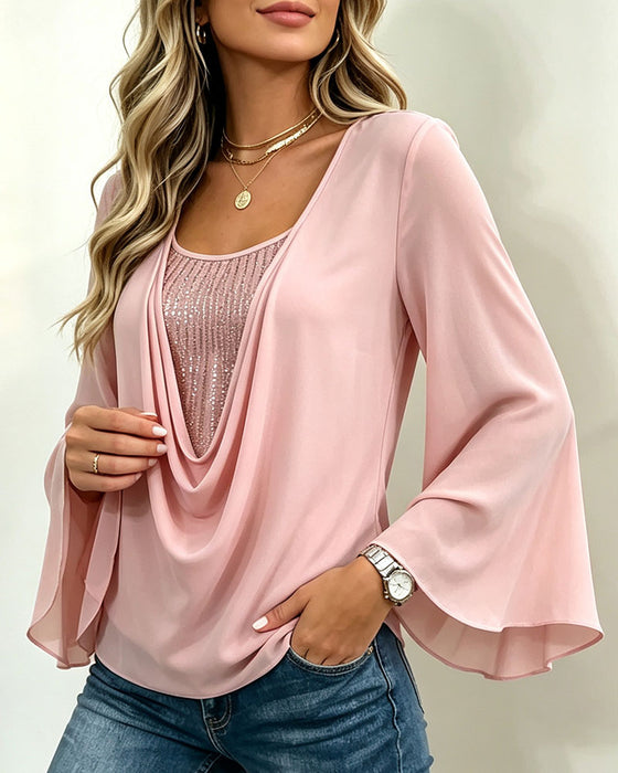 Draped Collar Fake Two-Piece Flare Sleeve Top