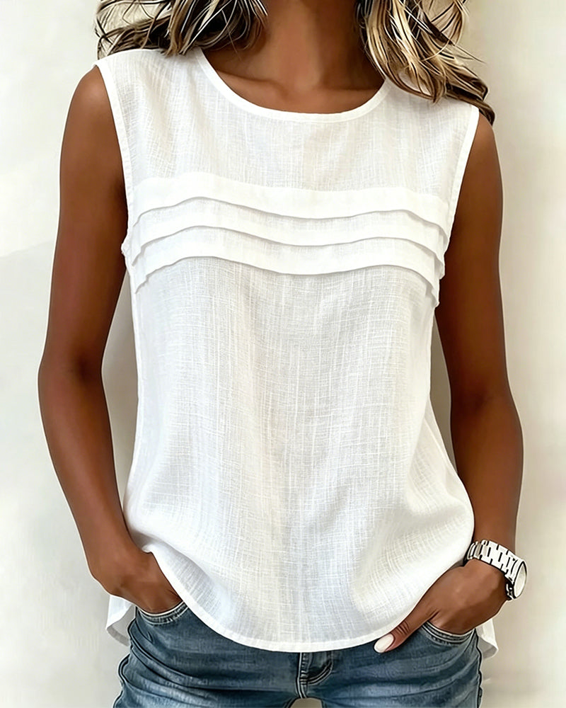 Pleated Sleeveless Crew Neck Solid Color Tank Top