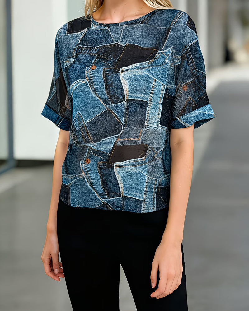Denim-Like Patchwork Print Crewneck Loose Fit Top