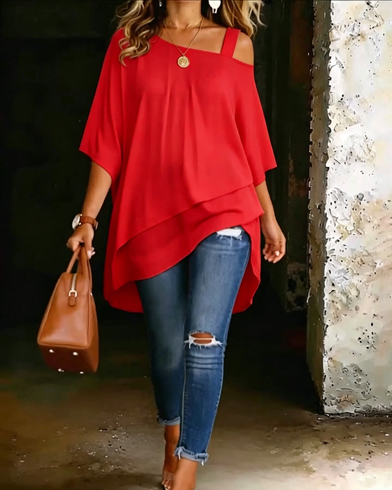Asymmetric Cold-Shoulder Solid Color Casual Blouse