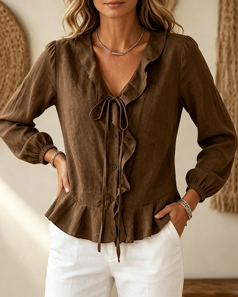 V-Neck Ruffle Tie Long Sleeve Blouse