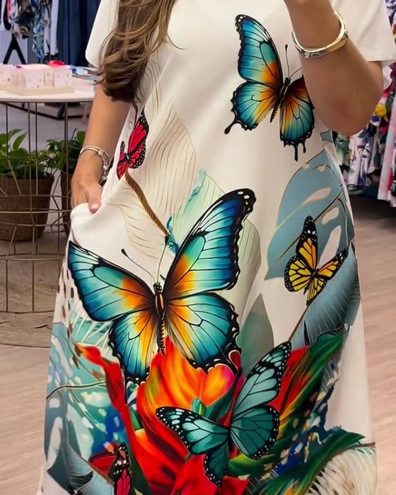 V-Neck Butterfly Print Long Dress