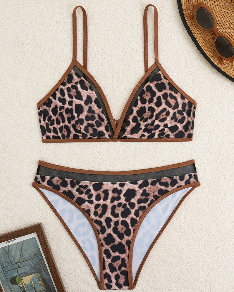 Leopard Print Color Block Triangle Bikini