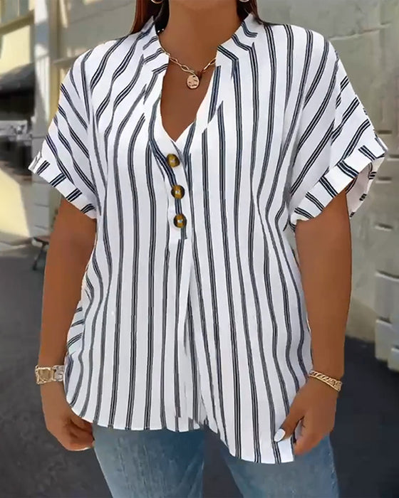 Button-Down V-Neck Striped Blouse