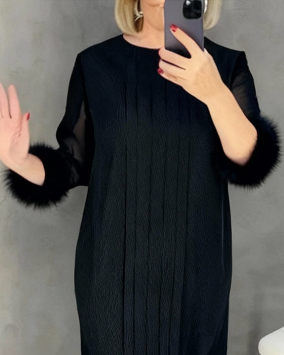 Mesh stitching furry sleeve pleated Dress