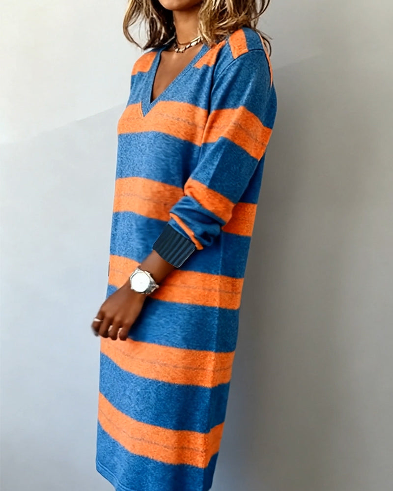V-Neck Colorful Striped Knitted Dress