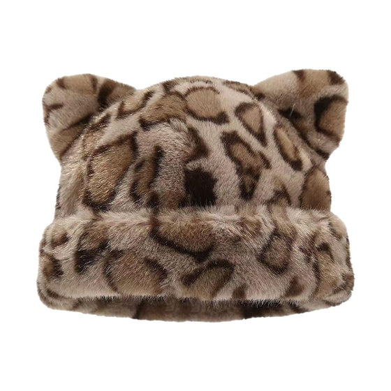 Leopard Print Plush Cat Ear Hat