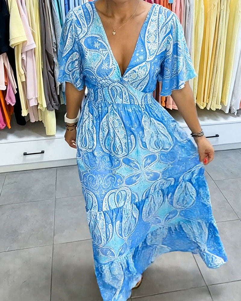 V-Neck Ruffle Print Dress