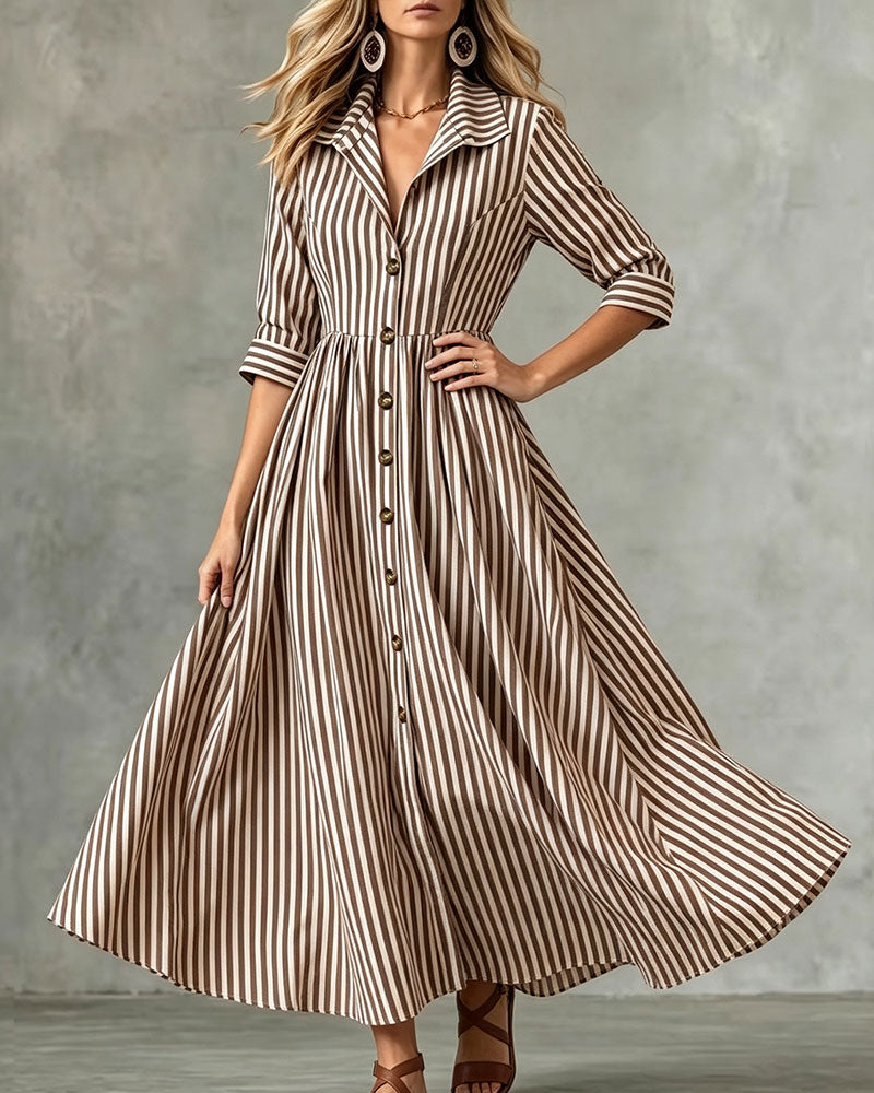 Shirt Collar Waist Striped Dress