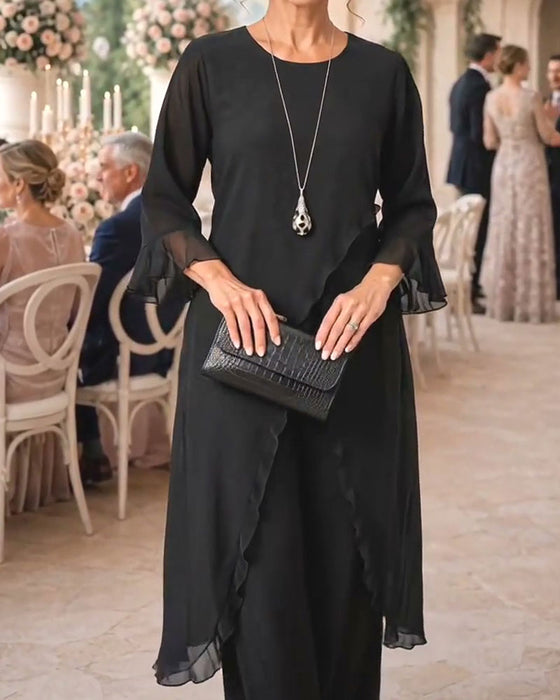 Crew Neck Ruffle Slit Long Blouse